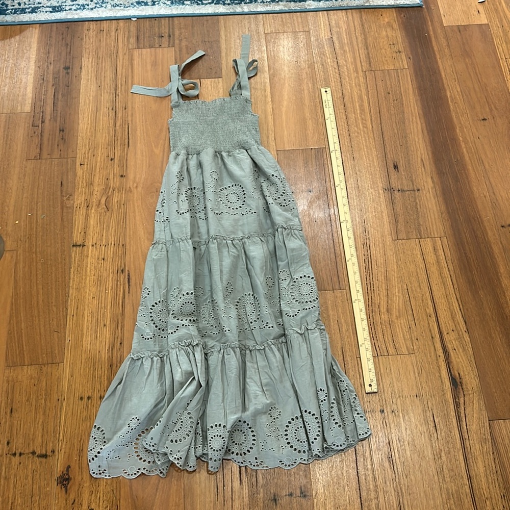 Green Zara Eyelet Cutout Embroidered Smocked Tie-Shoulder Midi Dress